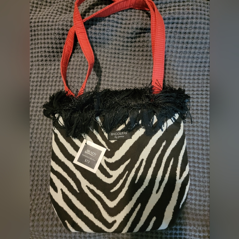 Bagolitas Zebra Print Tote with Red Straps and Fringe
